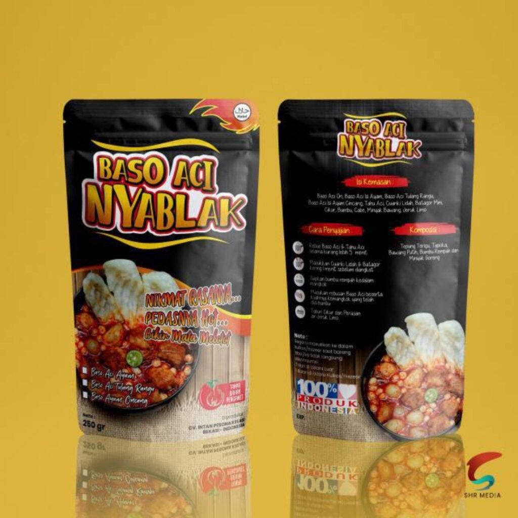 jasa desain grafis portofolio kemasan standing pouch baso aci nyablak